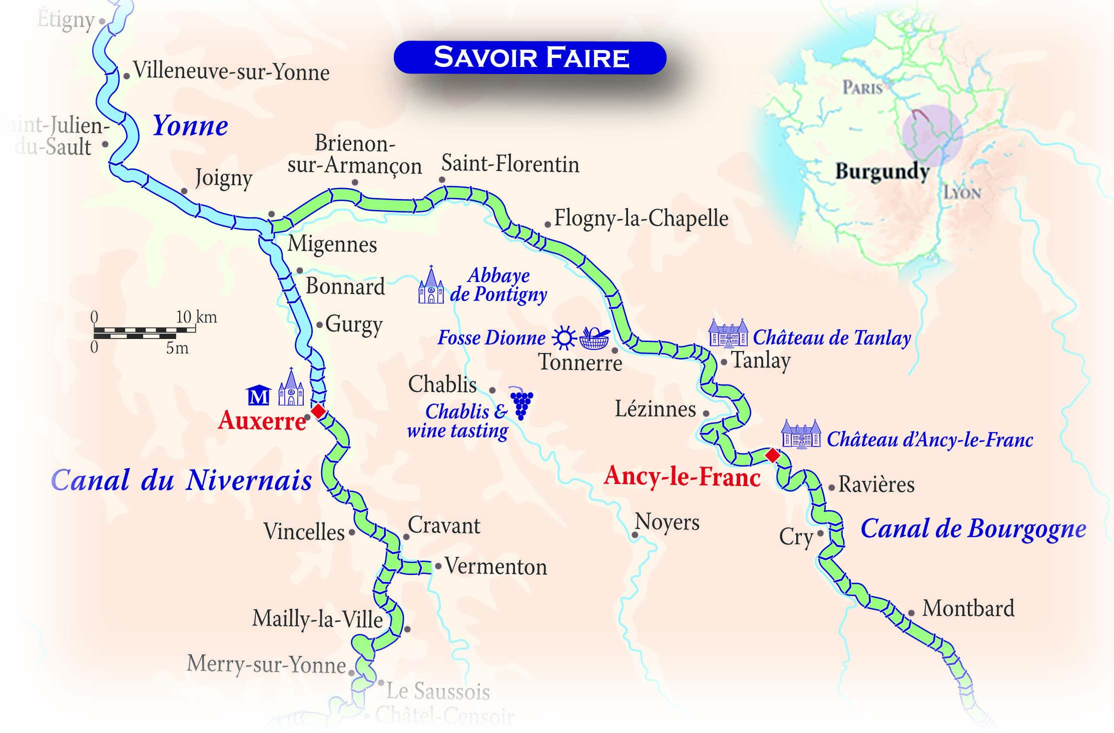 MAPA DEL ITINERARIO (Canal de Nivernais y Canal de la Borgoña) CRUCEROS FLUVIALES CANALES DE FRANCIA CANAL BORGOÑA SAVOIR FAIRE EUROPEAN WATERWAYS GO BARGING HOTEL BARGE ALQUILER BARCOS FRANCIA CRUCEROS FLUVIALES LUJO PRIVADO BORGOÑA BURGUNDY BARGE CRUISES